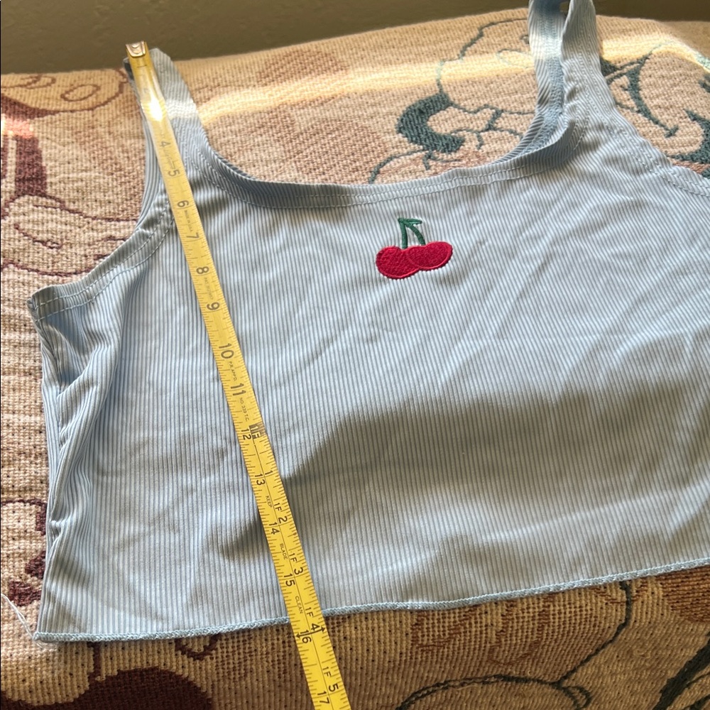 #1023+ Blue Striped Crop Top with Cherry Embroidery - Picture 3 of 7